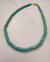 Load image into Gallery viewer, Turquoise howlite beads with brushed gold accents
