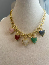 Load image into Gallery viewer, Discover the perfect blend of elegance and meaning with our stunning Charm Necklace! Measuring 17 inches, this piece features a luxurious gold-filled chain that beautifully complements the vibrant hues of five faceted gemstone heart charms.