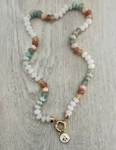 Load image into Gallery viewer, Discover the timeless elegance of the "Sophie" Necklace. Featuring green and peach aventurine and moonstones, this neutral jewelry piece is a must-have for any fashion enthusiast. The gold-filled sailor's clasp adds a touch of sophistication and versatility, allowing for easy on and off and the option to add a personal charm. Available in 18 and 20 inches. Shop now and elevate your style with this enchanting necklace.