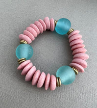 Load image into Gallery viewer, Ashanti glass and gorgeous recycled glass bead bracelets to make your bracelet stack pop. The bracelets are 7", which fits small to medium adult wrists. I use a strong, stretch cord for a nice, comfortable fit. Choose one of the available color combinations or custom create your own