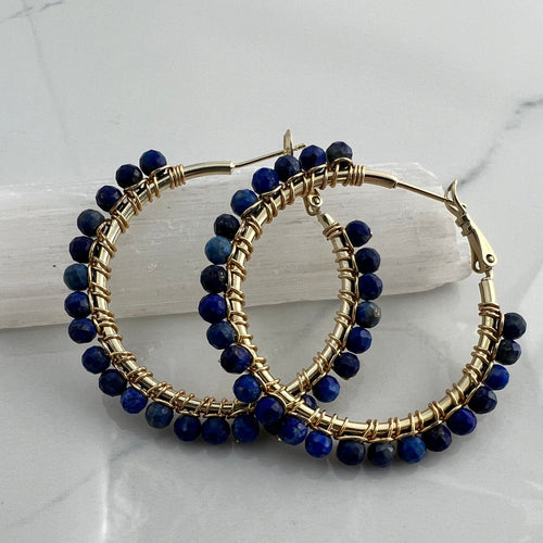 1.5 inch 24kt gold filled hoops are hand wrapped with gorgeous faceted gemstones.  These handcrafted earrings provide just the right amount of sparkle to make any outfit shine The earrings include AAA quality gemstones, they are natural, undyed, superbly faceted and vibrant