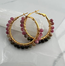 Load image into Gallery viewer, 2 inch 24kt gold filled hoops are hand wrapped with gorgeous faceted gemstones. These handcrafted earrings provide just the right amount of sparkle to make any outfit shine The earrings include AAA quality gemstones, they are natural, undyed, superbly faceted and vibrant