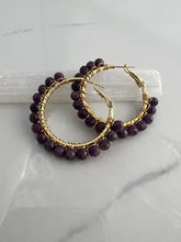 Load image into Gallery viewer, 1.5 inch 24kt gold filled hoops are hand wrapped with gorgeous faceted gemstones. These handcrafted earrings provide just the right amount of sparkle to make any outfit shine The earrings include AAA quality gemstones, they are natural, undyed, superbly faceted and vibrant