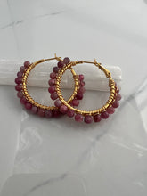Load image into Gallery viewer, 1.5 inch 24kt gold filled hoops are hand wrapped with gorgeous faceted gemstones. These handcrafted earrings provide just the right amount of sparkle to make any outfit shine The earrings include AAA quality gemstones, they are natural, undyed, superbly faceted and vibrant