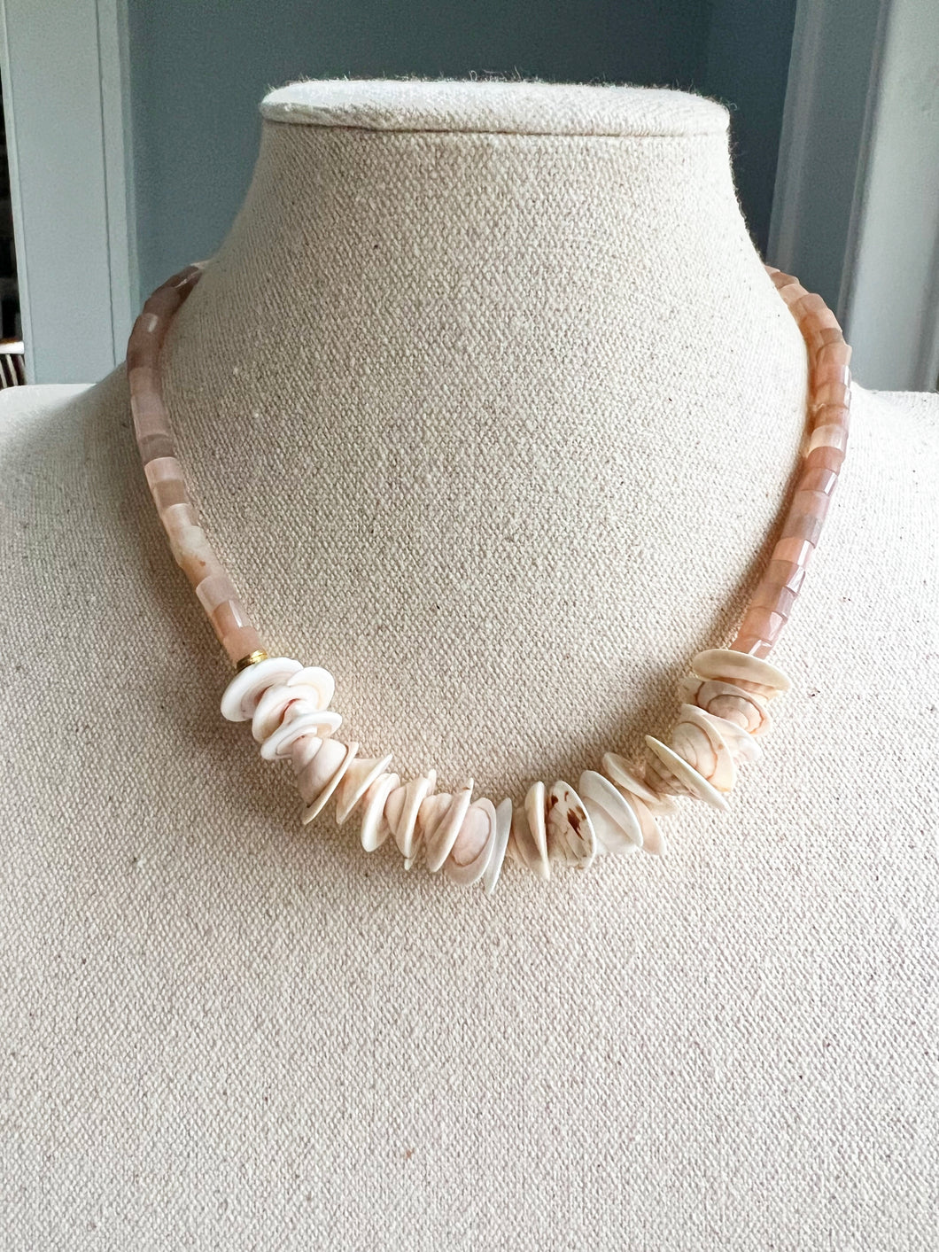 Puka shell and peach moonstone necklace