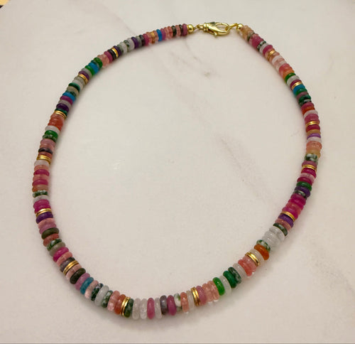 Multicolored gemstone beads with brushed gold accents