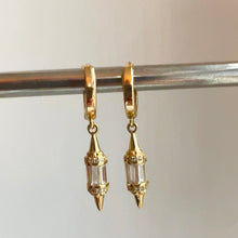 Load image into Gallery viewer, Small gold filled hoop earrings adorned with small clear quartz spike charm are the perfect accessory to wear as a set or in a second or third piercing 
