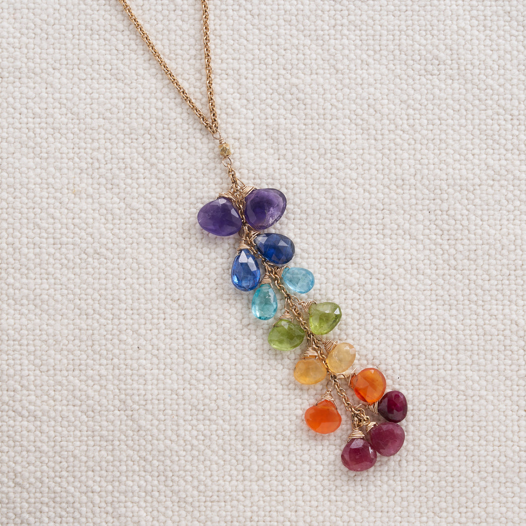The rainbow chakra necklace represents integration of all Chakras, reminding you to focus your intentions to balance all aspects of your life. Each necklace combines amethyst, kyanite, apatite, peridot, citrine, carnelian and ruby faceted gemstones to create a bright sparkle that will turn heads.   Hanging from a 14kt gold filled chain that hangs approximately 30 inches.    Necklace includes AAA quality gemstones, they are natural, undyed, superbly faceted and vibrant.  Can be customized for length.  Can be