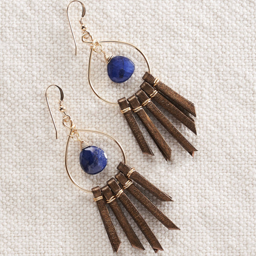 Beautiful Lapis Lazuli briolette paired with bronze metallic leather for an edgy boho style  24kt Gold filled earring wire  Customization available in different colors, gemstones and sizes