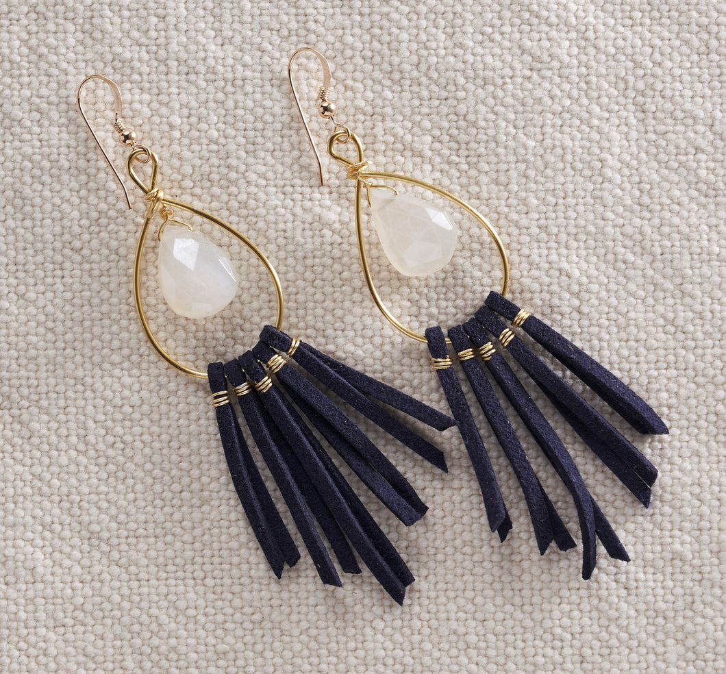 Moonstone and Navy Blue Leather Fringe earrings