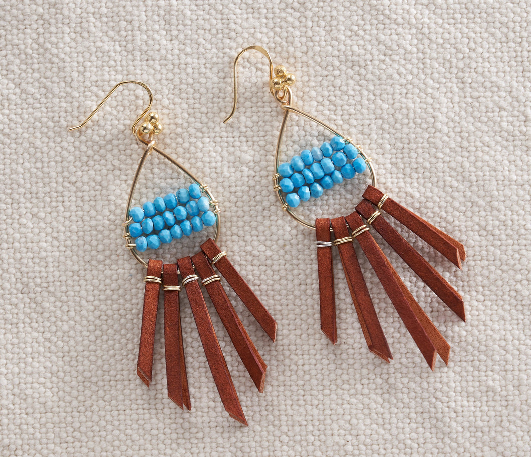 Gorgeous turquoise rondelles stand out perfectly against the brown leather to create these stunning fringe earrings