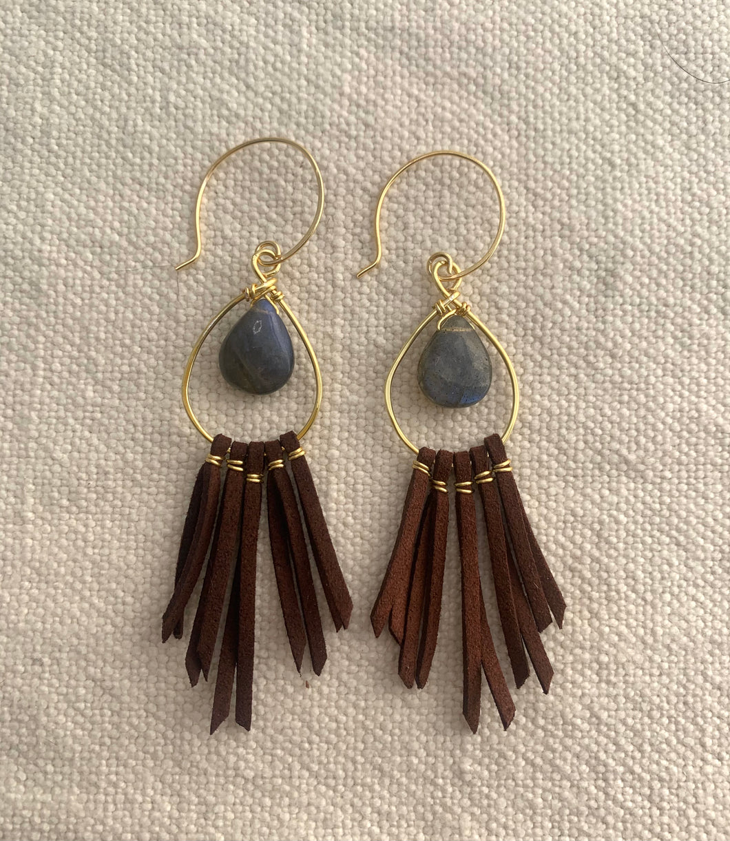Labradorite and Brown Leather Fringe earrings