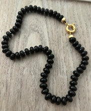 Load image into Gallery viewer, Gorgeous black onyx 9mm gemstones hand knotted on black silk thread with gold filled end caps and a gold filled sailors clasp make up this 18 inch stunner that will be your go to neutral for any season
