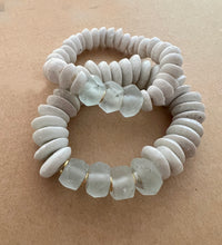 Load image into Gallery viewer, Matching bracelets with seaglass green recycled java glass and white ashanti beads  Mommy bracelet measures seven inches but can be customized upon request.  Mini bracelet will be customized. Please mention child’s age in the notes (default will be six inches)

