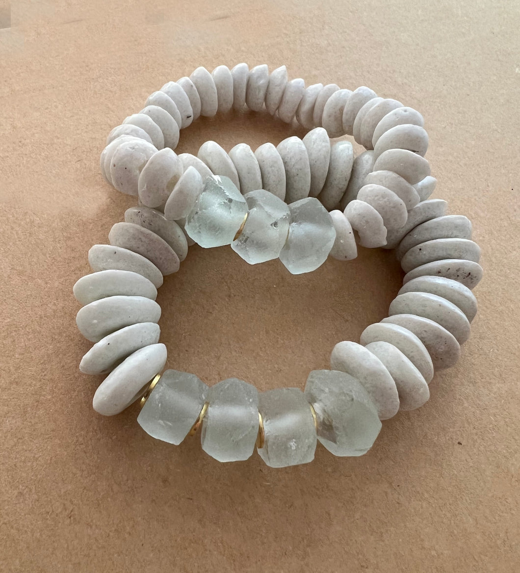 Matching bracelets with seaglass green recycled java glass and white ashanti beads  Mommy bracelet measures seven inches but can be customized upon request.  Mini bracelet will be customized. Please mention child’s age in the notes (default will be six inches)