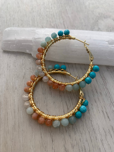 1.5 inch gold filled lever back hoops wrapped with AA quality natural turquoise, aquamarine, sunstone and moonstone this color wheel combo is a best seller 
