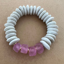 Load image into Gallery viewer, Matching bracelets with white Ashanti beads and pink recycled java glass  Mommy bracelet measures seven inches but can be customized upon request.  Mini bracelet will be customized. Please mention child’s age in the notes (default will be six inches)
