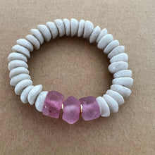 Load image into Gallery viewer, Matching bracelets with white Ashanti beads and pink recycled java glass  Mommy bracelet measures seven inches but can be customized upon request.  Mini bracelet will be customized. Please mention child’s age in the notes (default will be six inches)
